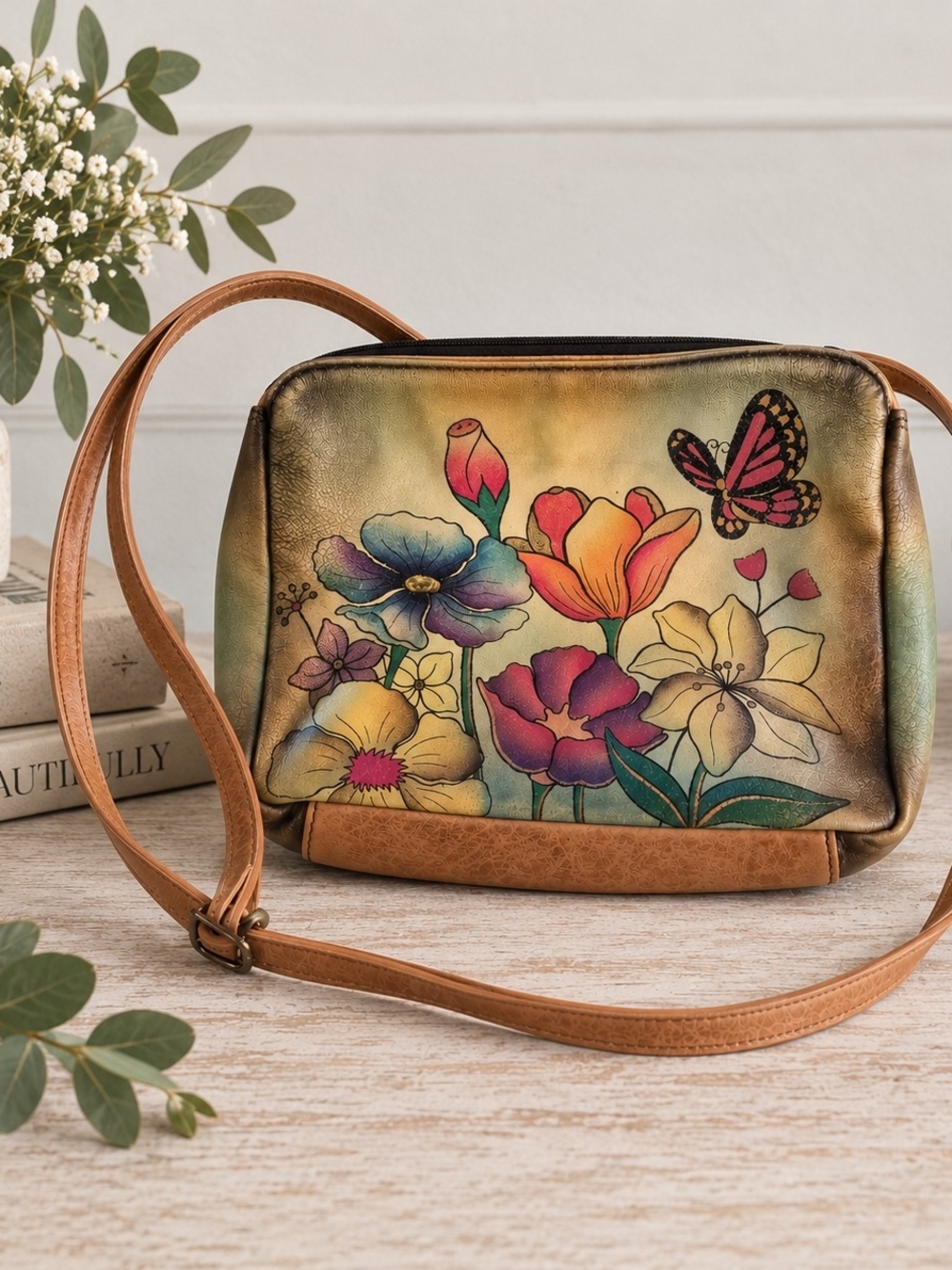 Anna by Anuschka Hand Painted Leather Floral Butterfly Crossbody Bag